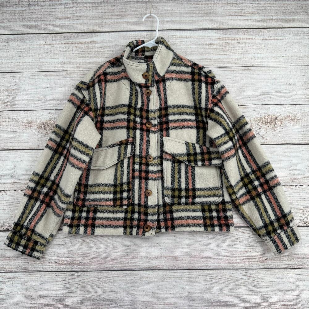 Bagatelle Plaid Knit Button Down jacket Womens Small Cream Black Pink Crop